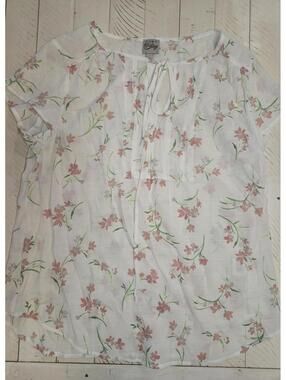 Como Vintage White Floral Short Sleeve Blouse Size L